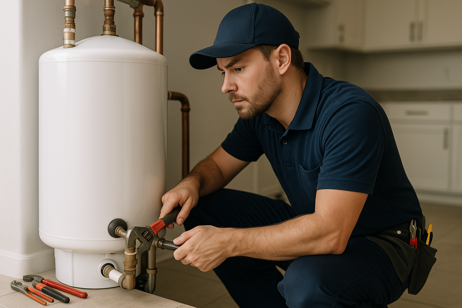 Editorial illustration depicting water heater repair near me